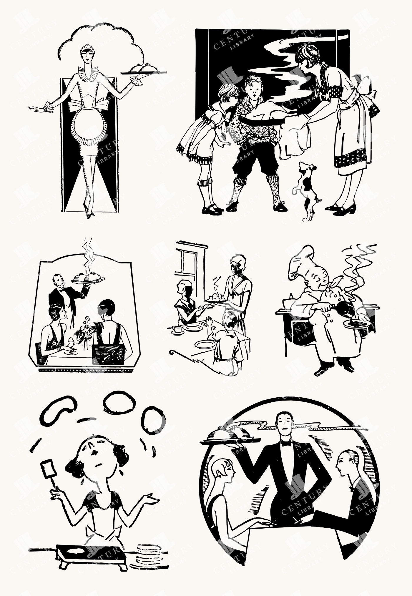 Dining & Domestic Scenes - Retro Kitchen & Waiter Illustrations