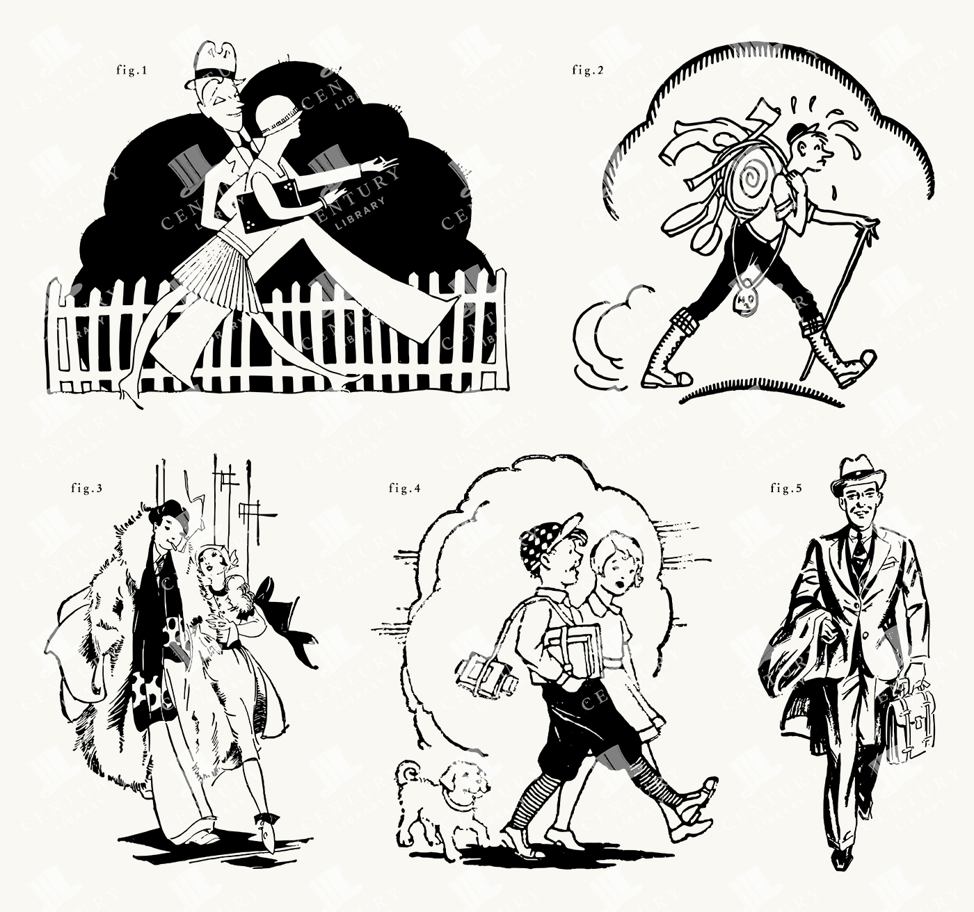Cartoon Styled Walking Characters - Vintage Scenes of Travel & Daily Life
