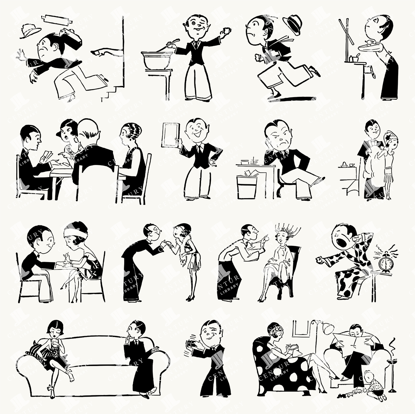 Stylized Comic Panels - Flapper Era Retro Cartoon Characer Designs