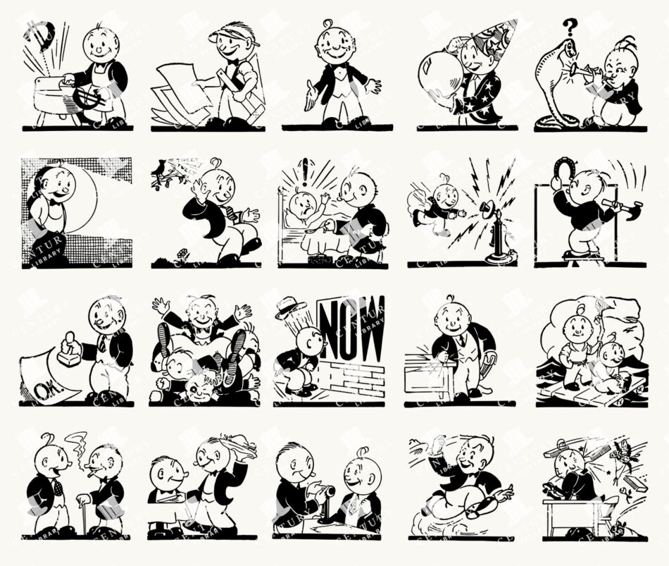 Cheerful Mascot Boy In Twenty Black-and-white Cartoon Vignettes - Playful Everyday Gags Arranged In A 5x4 Grid