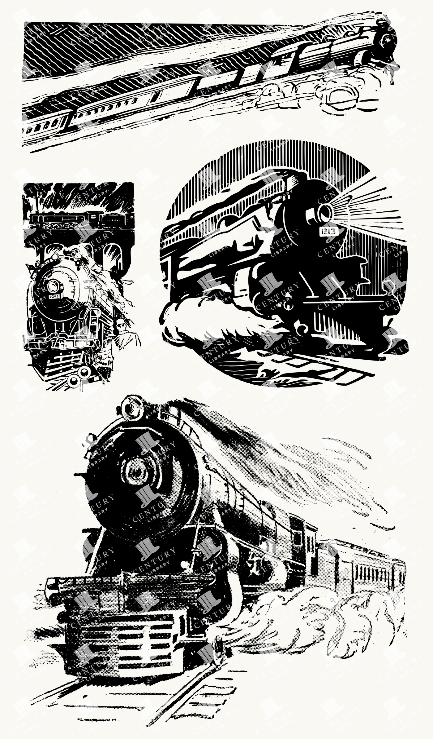 Vintage Steam Train Illustrations - Express Locomotive Clipart and Railroad Travel Ephemera