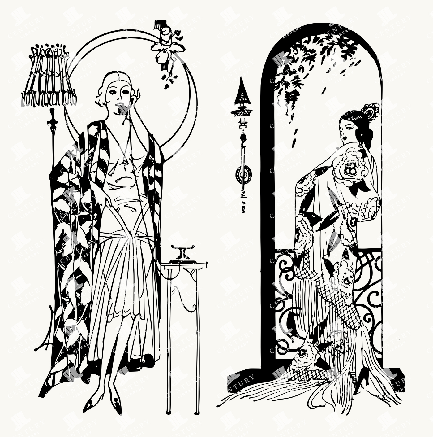 Art Deco Fashion Illustration - Elegant Women in Floral Robes and Interior Scenes