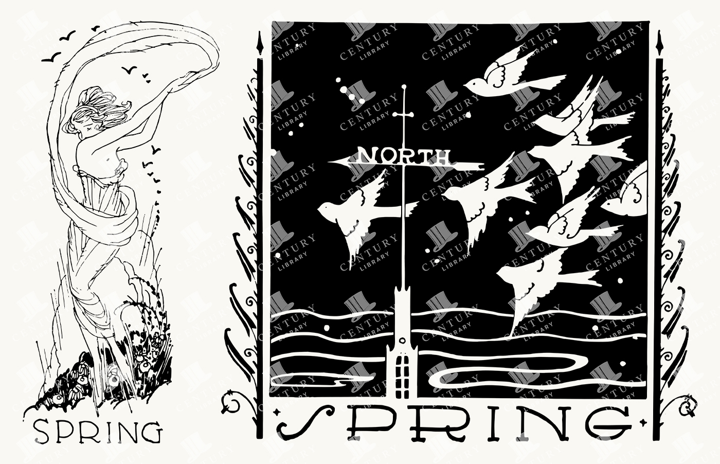Vintage Spring Illustrations - Art Nouveau Lady and Doves with Seasonal Typography