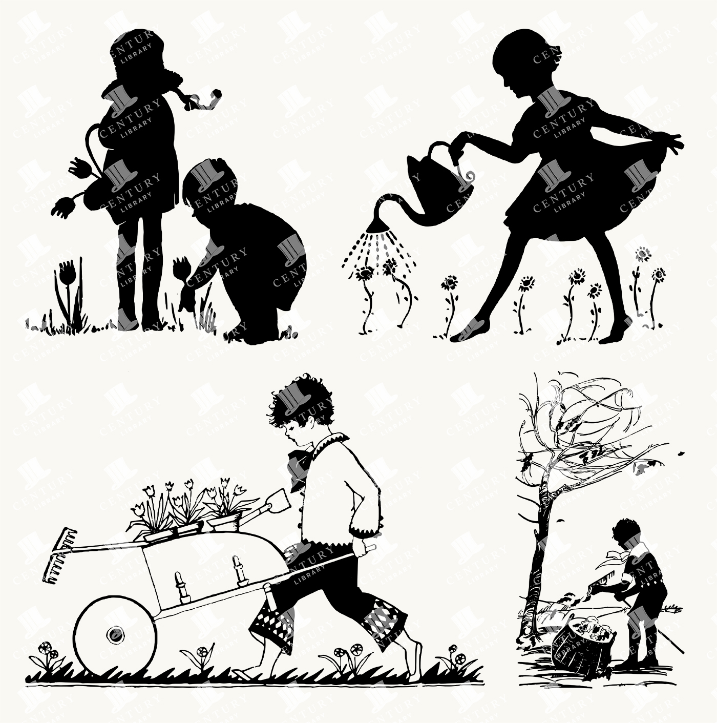 Vintage Gardening Silhouettes - Children Planting