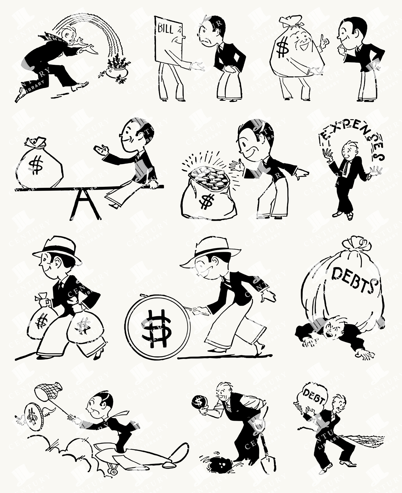 Retro Finance Cartoon Illustrations - Debt
