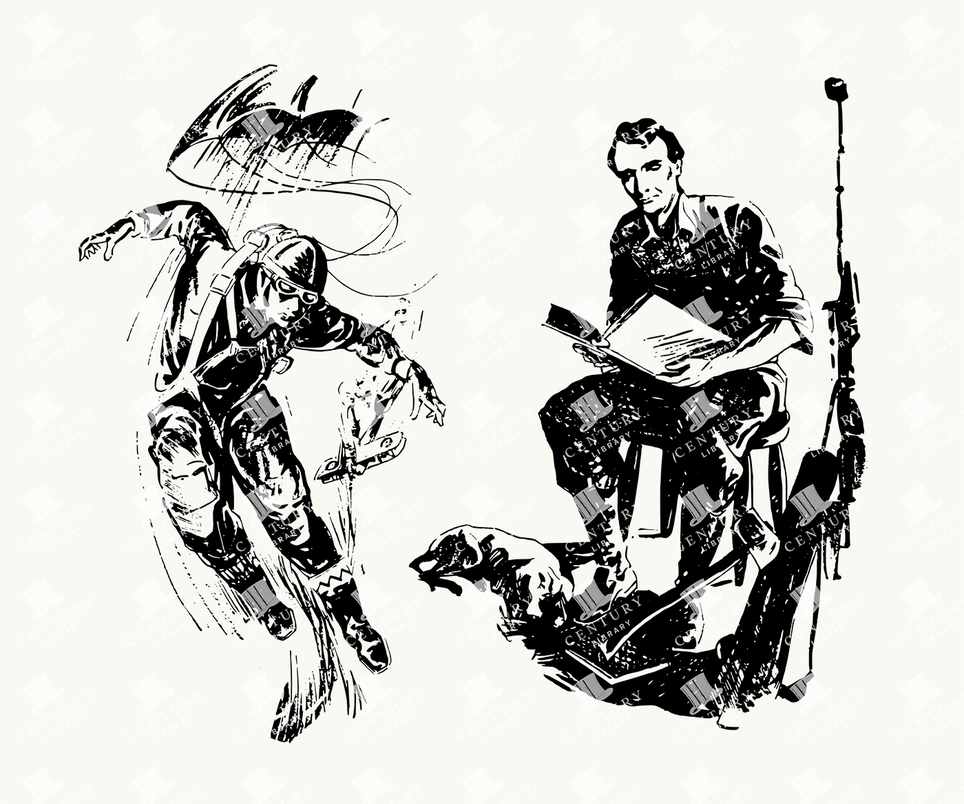 Vintage War and Soldier Illustrations - Dramatic Action Scene with Parachute Jump and Reading Soldier Silhouettes