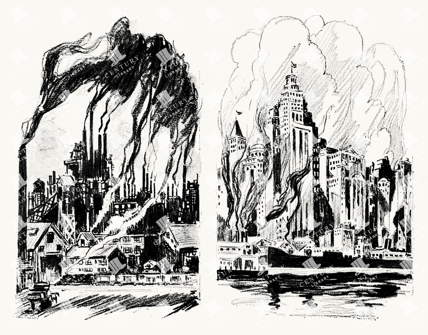 Industrial Revolution Smoke Stack City Illustrations - Vintage Factories And Skyscrapers With Billowing Smoke