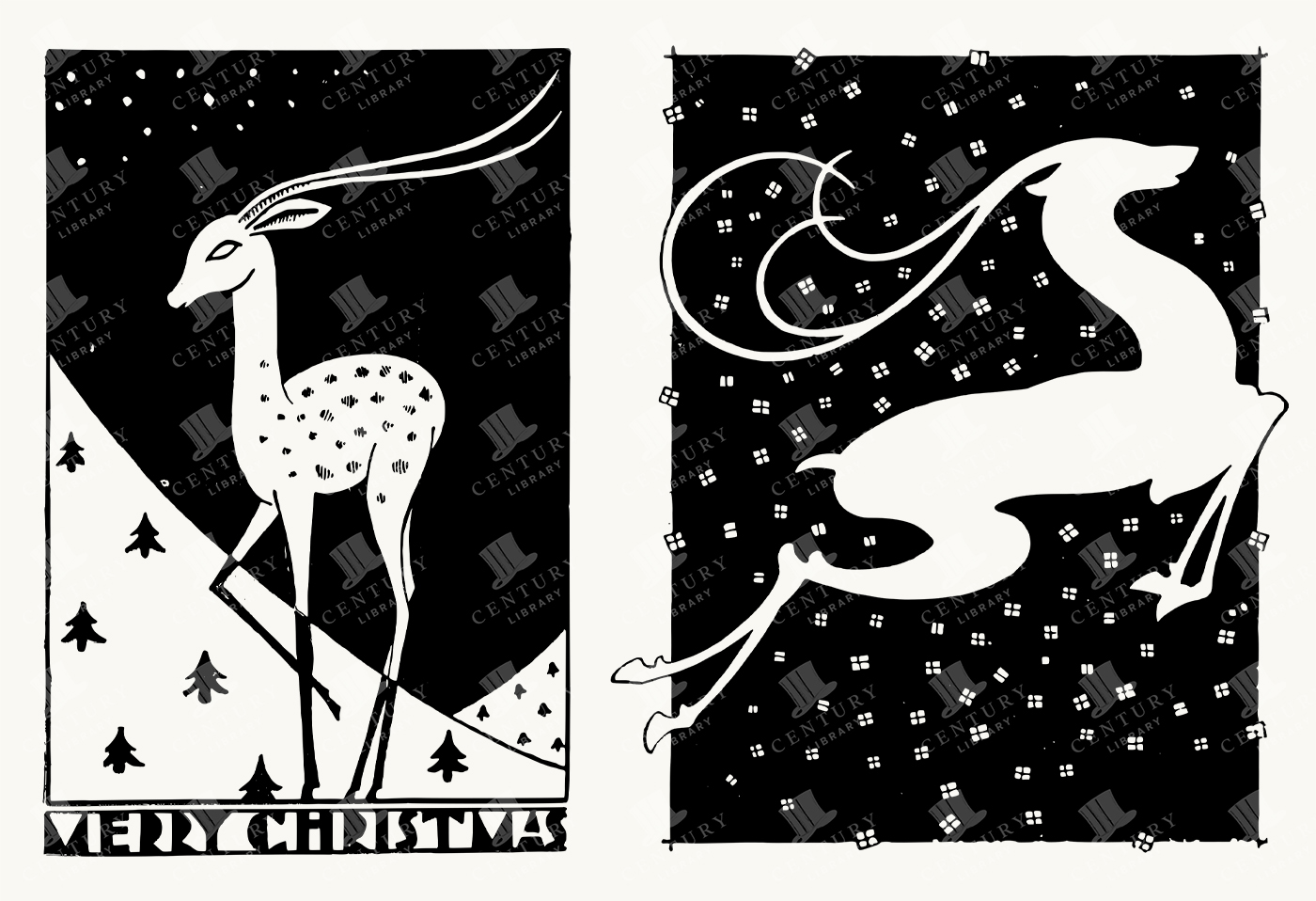 Minimalist Retro Reindeer Christmas Cards - Stylized Black and White Holiday Illustrations with Snow and Stars