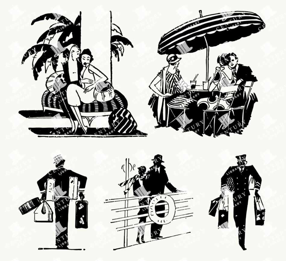 Elegant Art Deco Travel Vignettes In Black-and-white - Lounging Couples, Café Umbrella Scene, Porters, Ocean Liner Deck