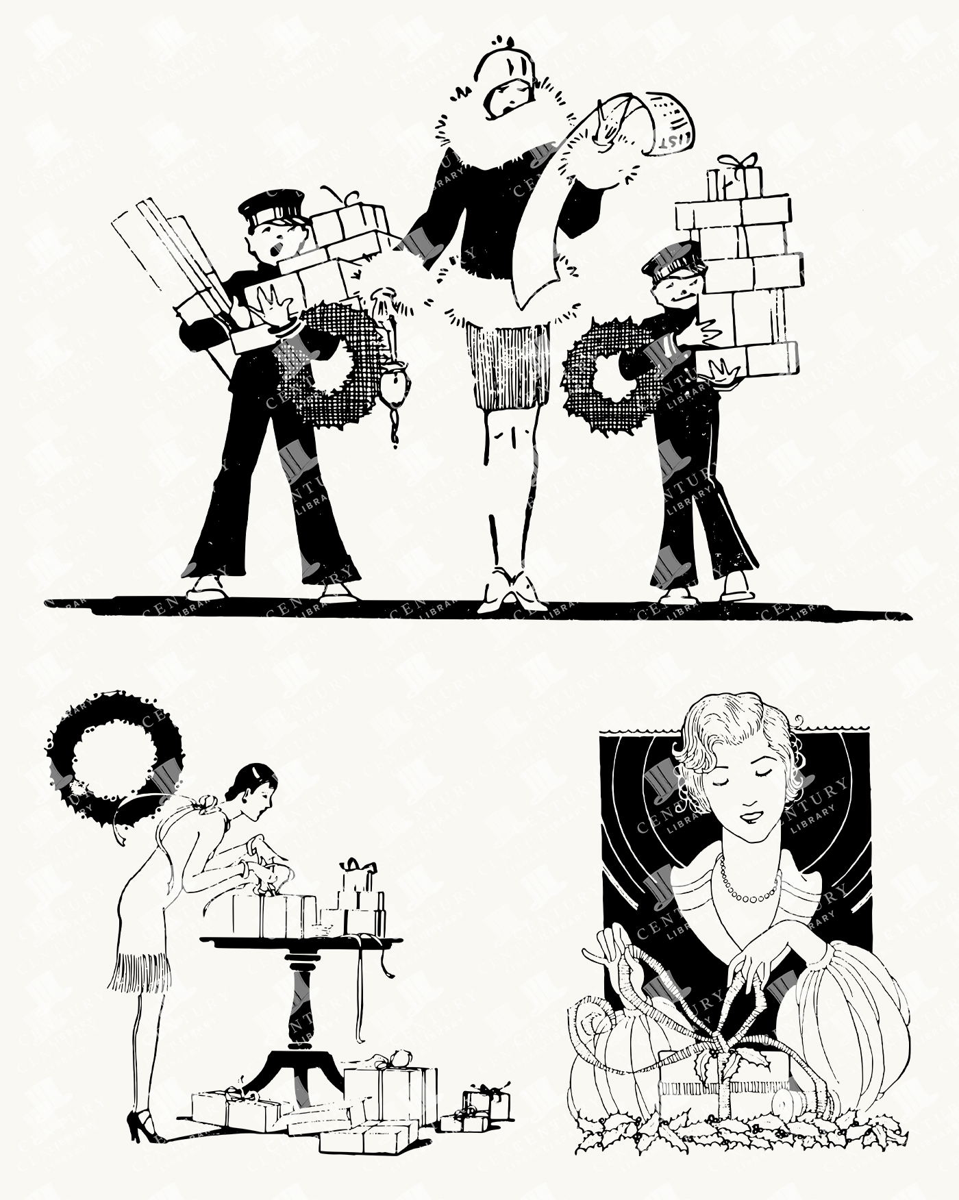 Art Deco Christmas Shopping Illustrations - Glamorous Women and Children with Gifts and Wreaths