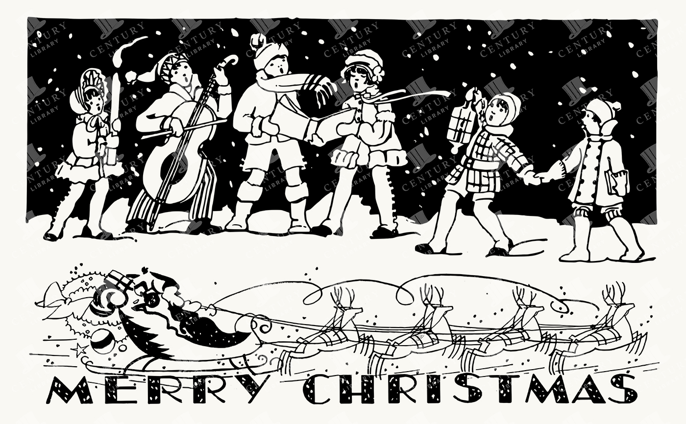 Vintage Christmas Caroling and Sleigh Ride - Children with Instruments and Santa Flying Across the Snow