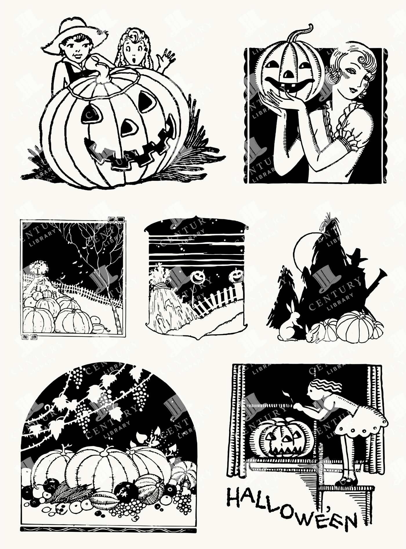 Vintage Halloween Pumpkin Illustrations - Children and Women with Jack-o-Lanterns and Spooky Scenes