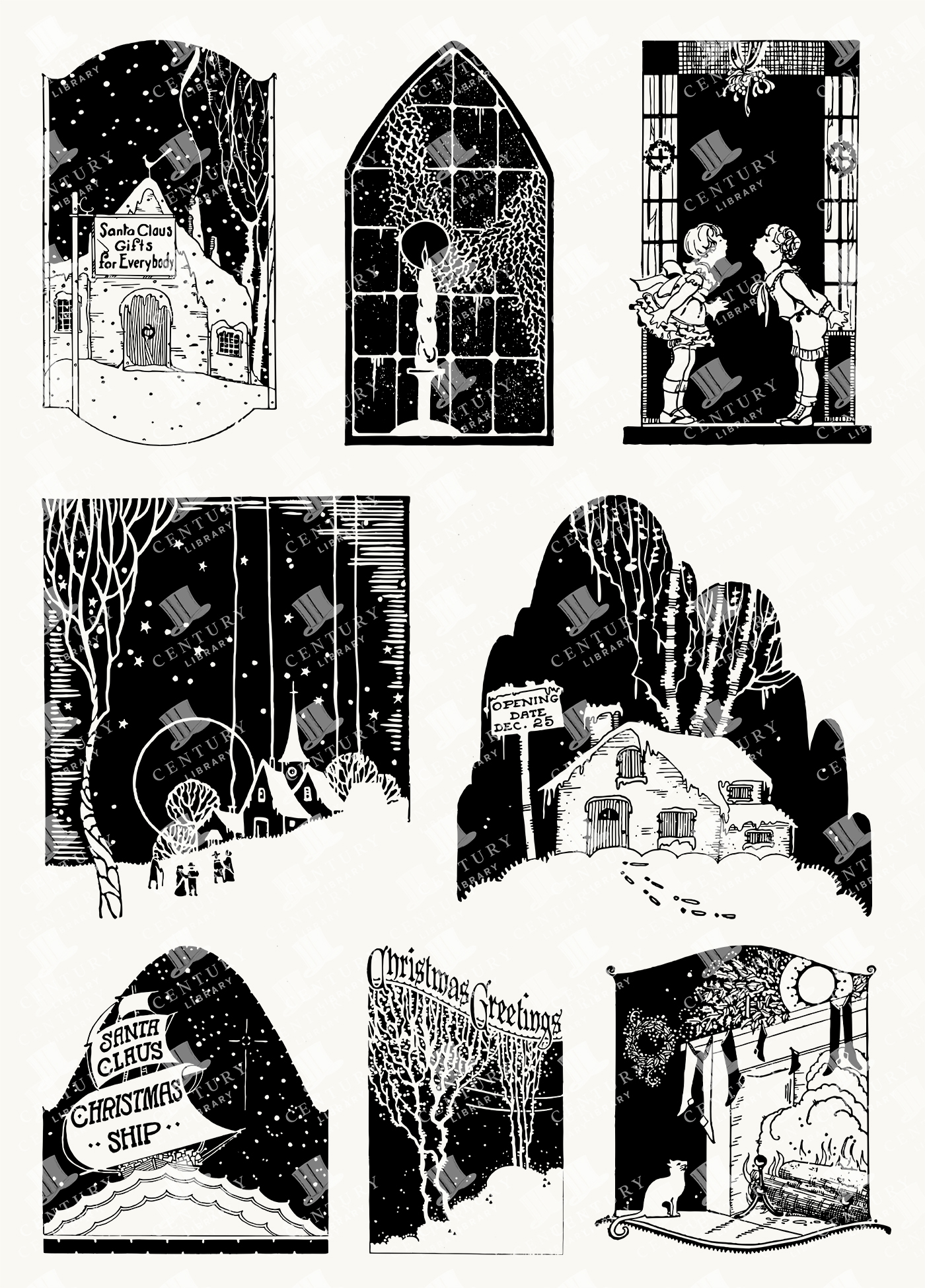 Whimsical Christmas Cottages and Winter Greeting Cards - Santa Ships and Opening Date Signage