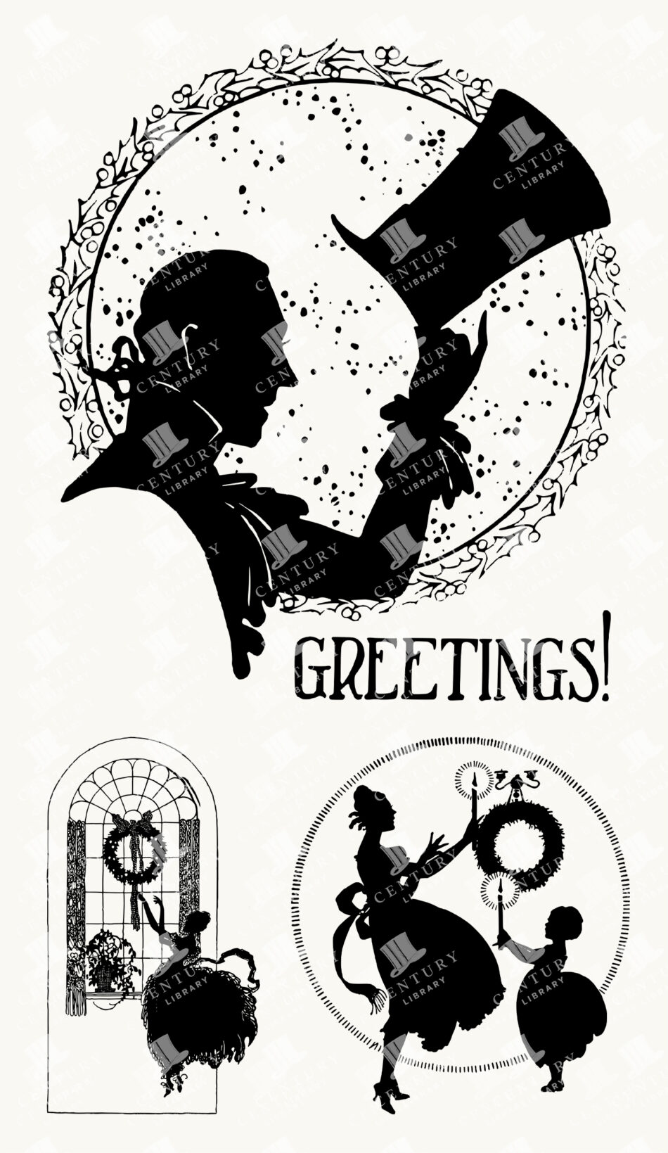 Silhouette Holiday Scenes With Wreaths, Candles, And Window Vignette - Circular Holly Frame And 'greetings' Text