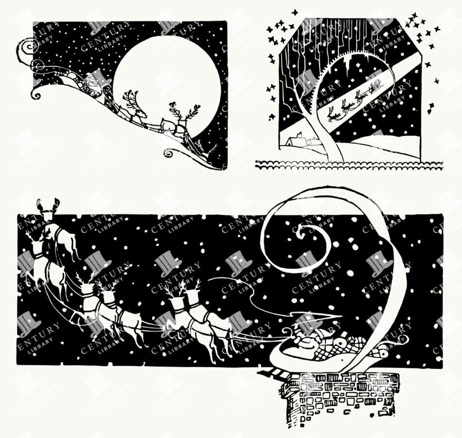 Santa's Sleigh And Reindeer In Snowy Night Vignettes - Bold Black-and-white Silhouettes With Moon, Stars, And Chimney