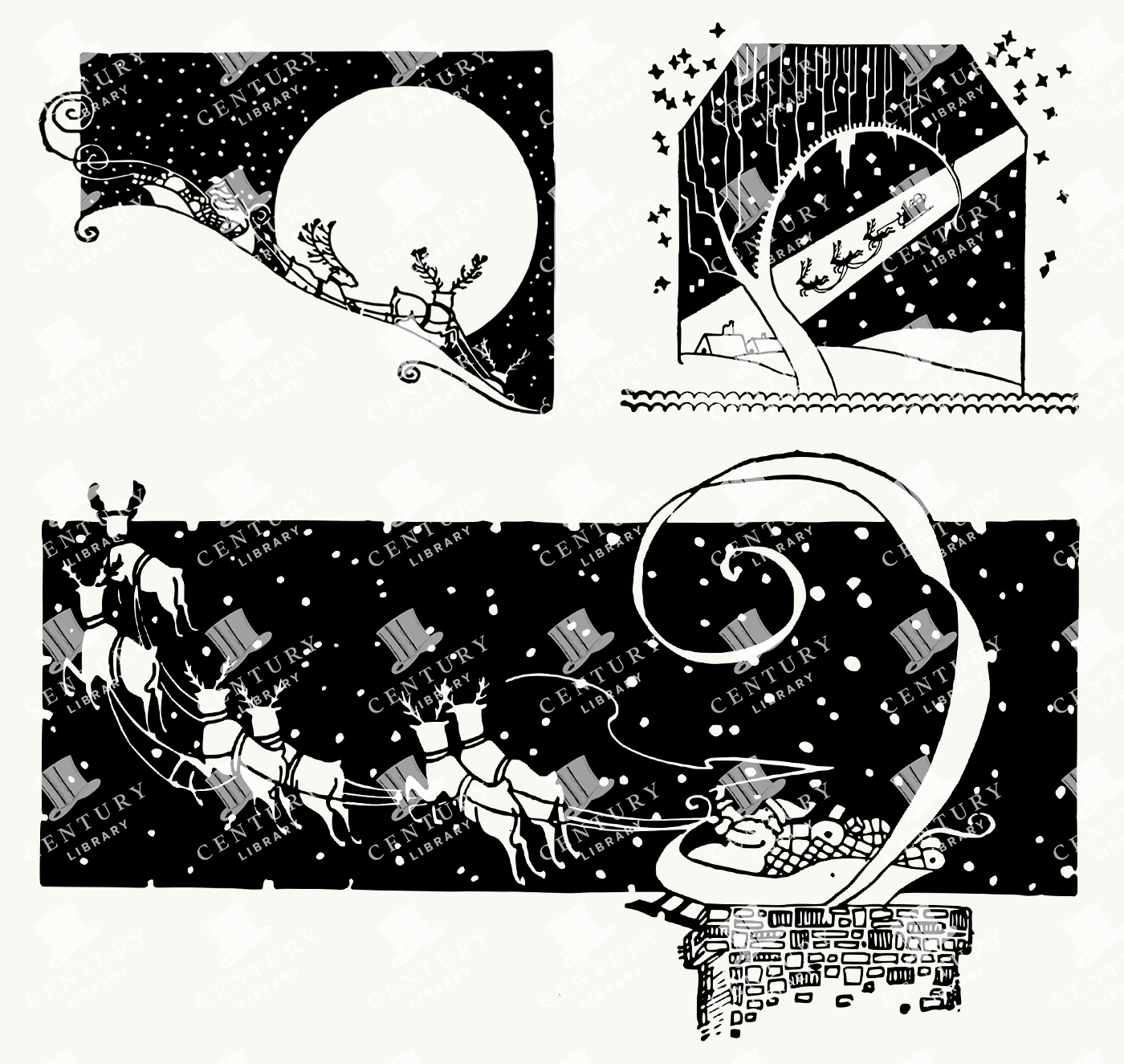 Santa’s Sleigh Flying Over Moonlit Snow - Vintage Christmas Night Sky Illustrations