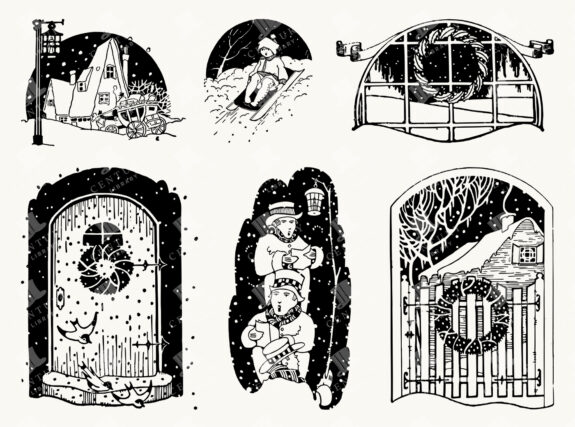 Vintage Winter and Christmas Scene Illustrations Featuring Cottages