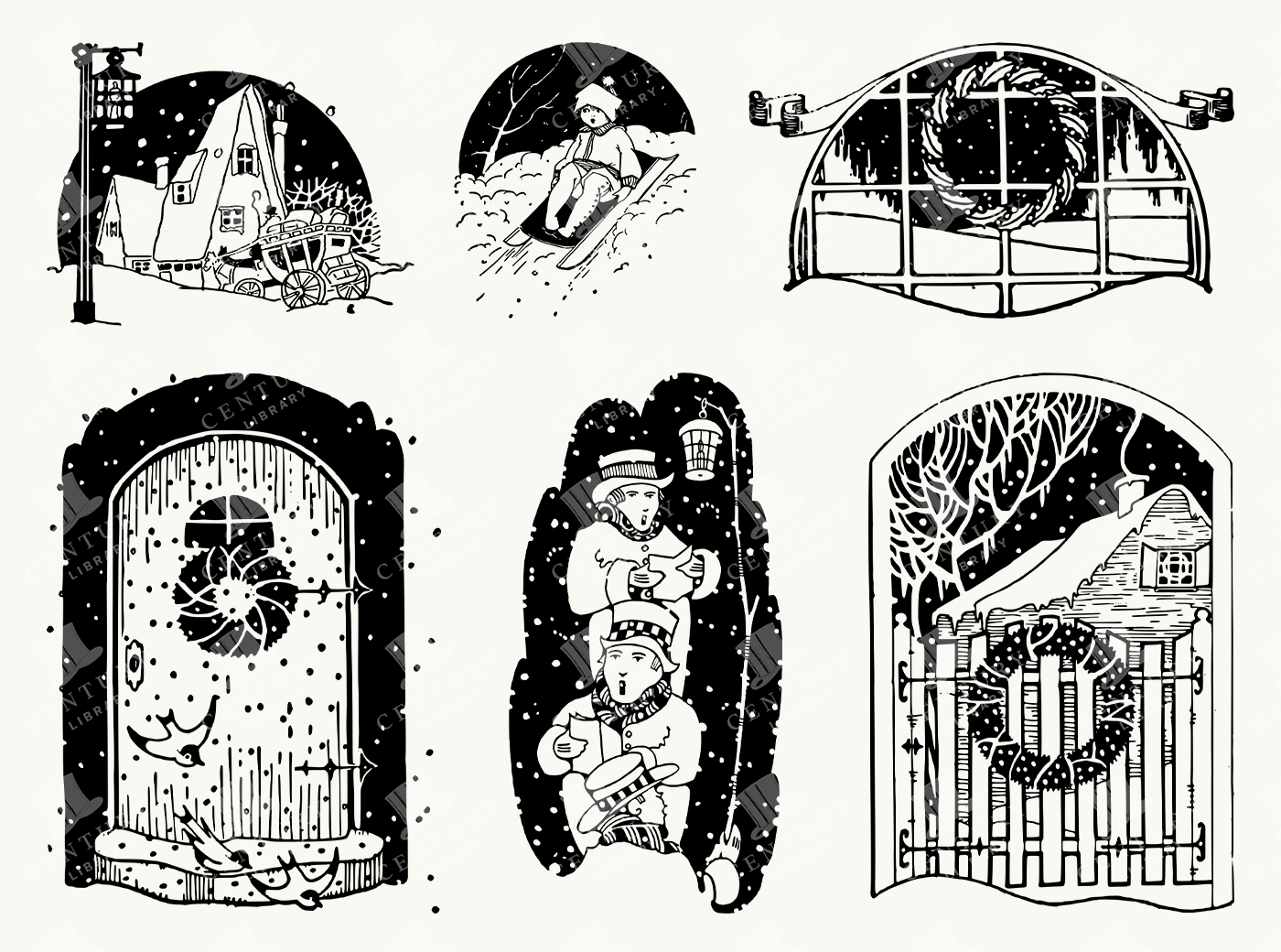 Vintage Winter and Christmas Scene Illustrations Featuring Cottages