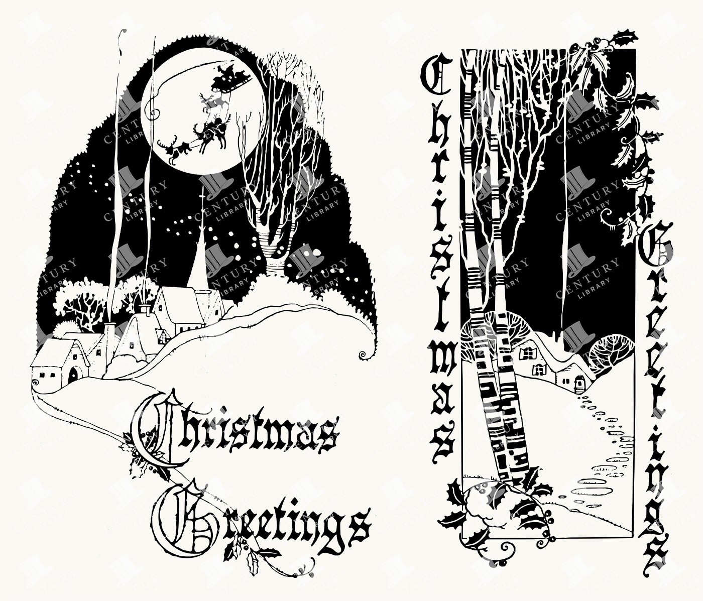 Vintage Christmas Greeting Card Illustrations with Snowy Villages and Santa Silhouette