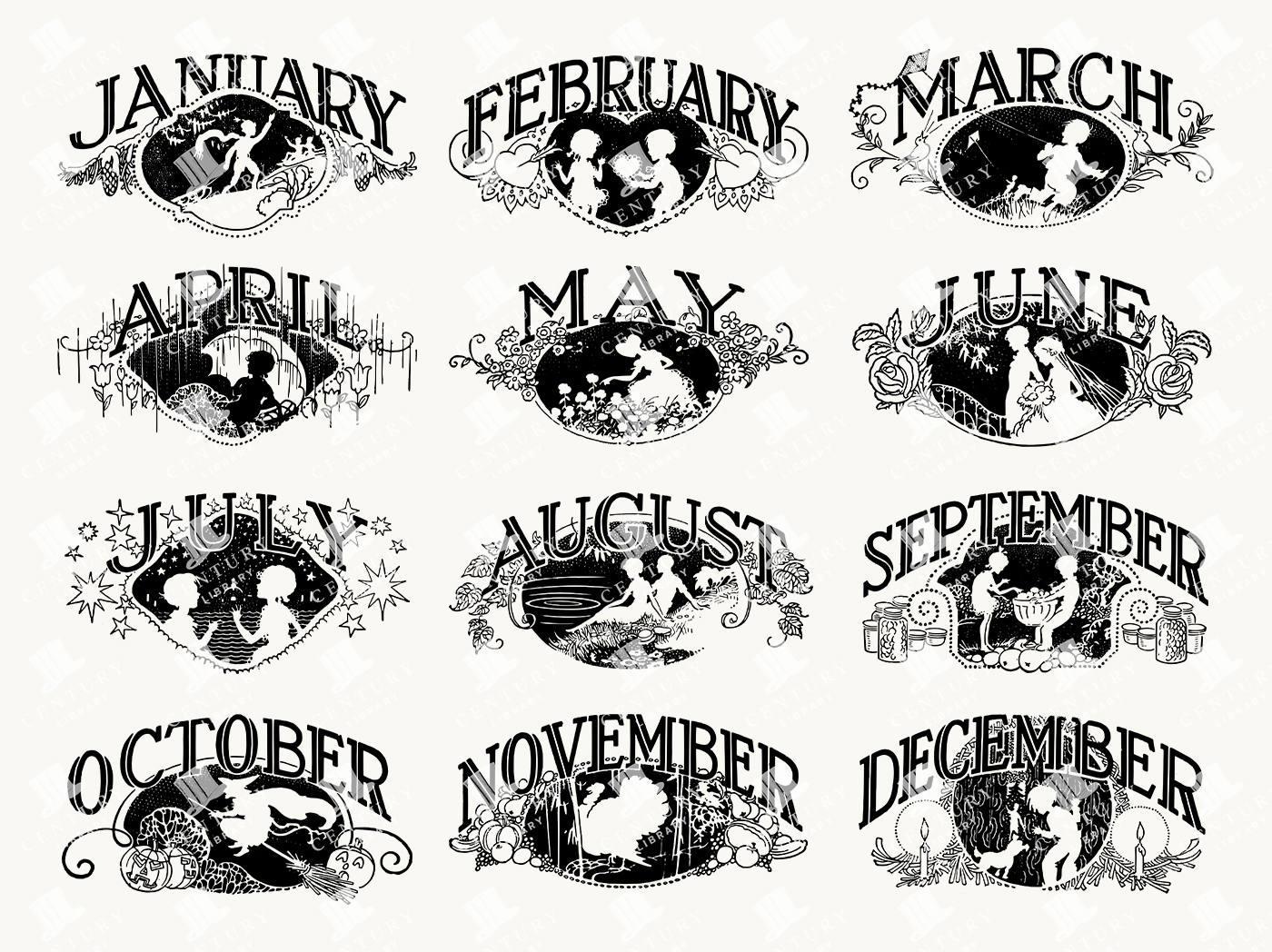 Vintage Monthly Calendar Illustrations Featuring the Twelve Months with Decorative Motifs