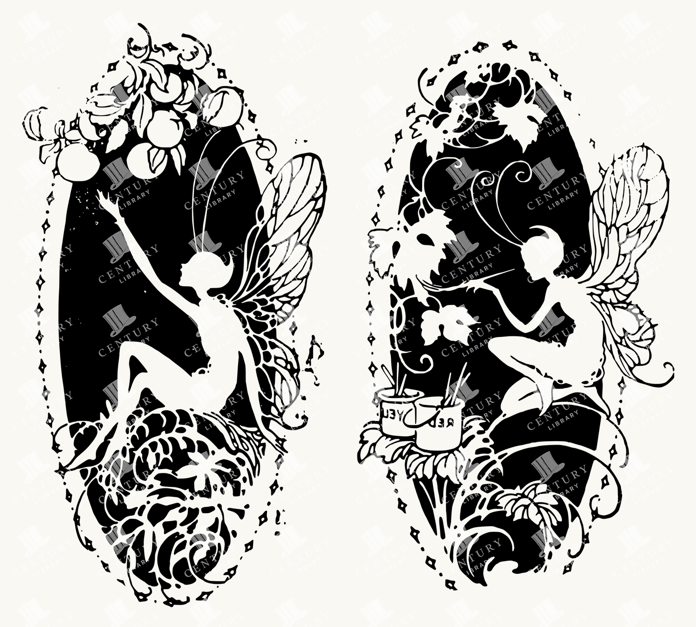 Vintage Fairy Illustrations with Fruit and Floral Motifs in Silhouette Style
