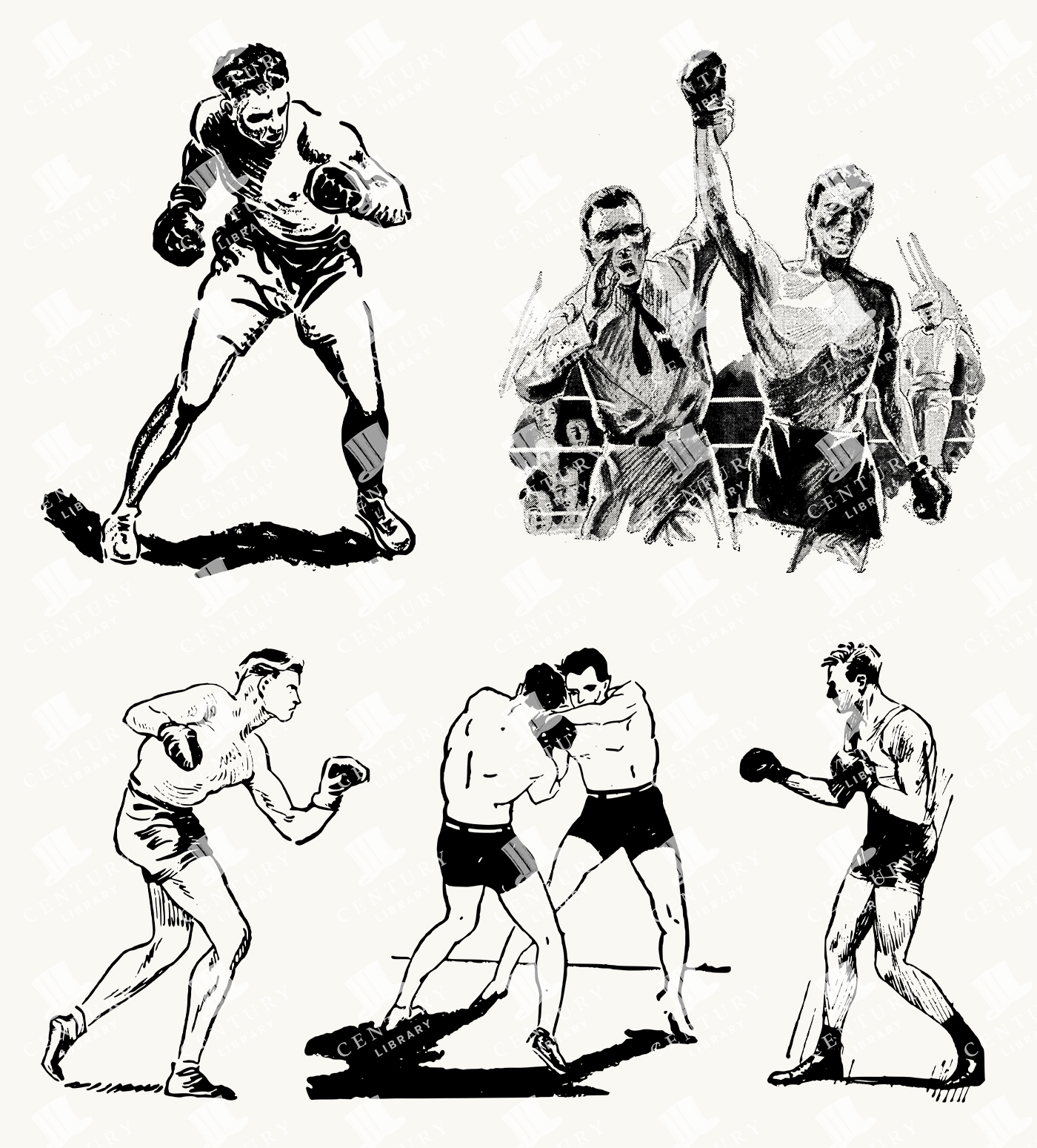Vintage Boxing Illustrations Featuring Fighters