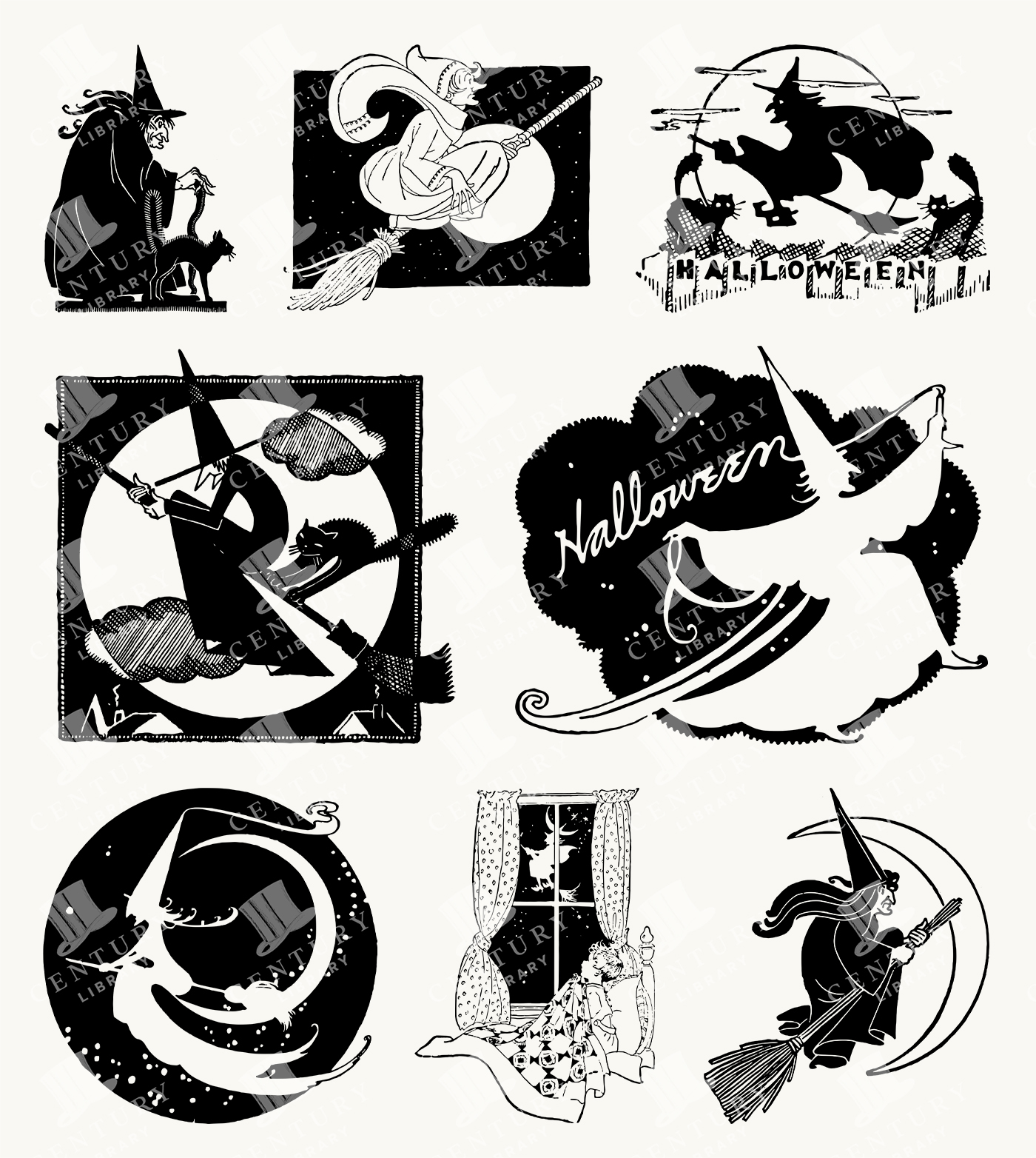 Vintage Halloween Witch Illustrations with Cats