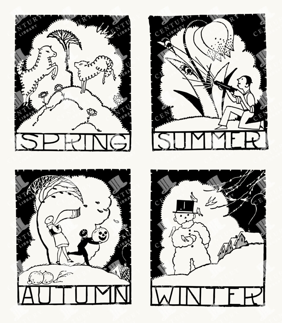 Vintage Seasonal Illustrations Representing Spring, Summer, Autumn, And Winter