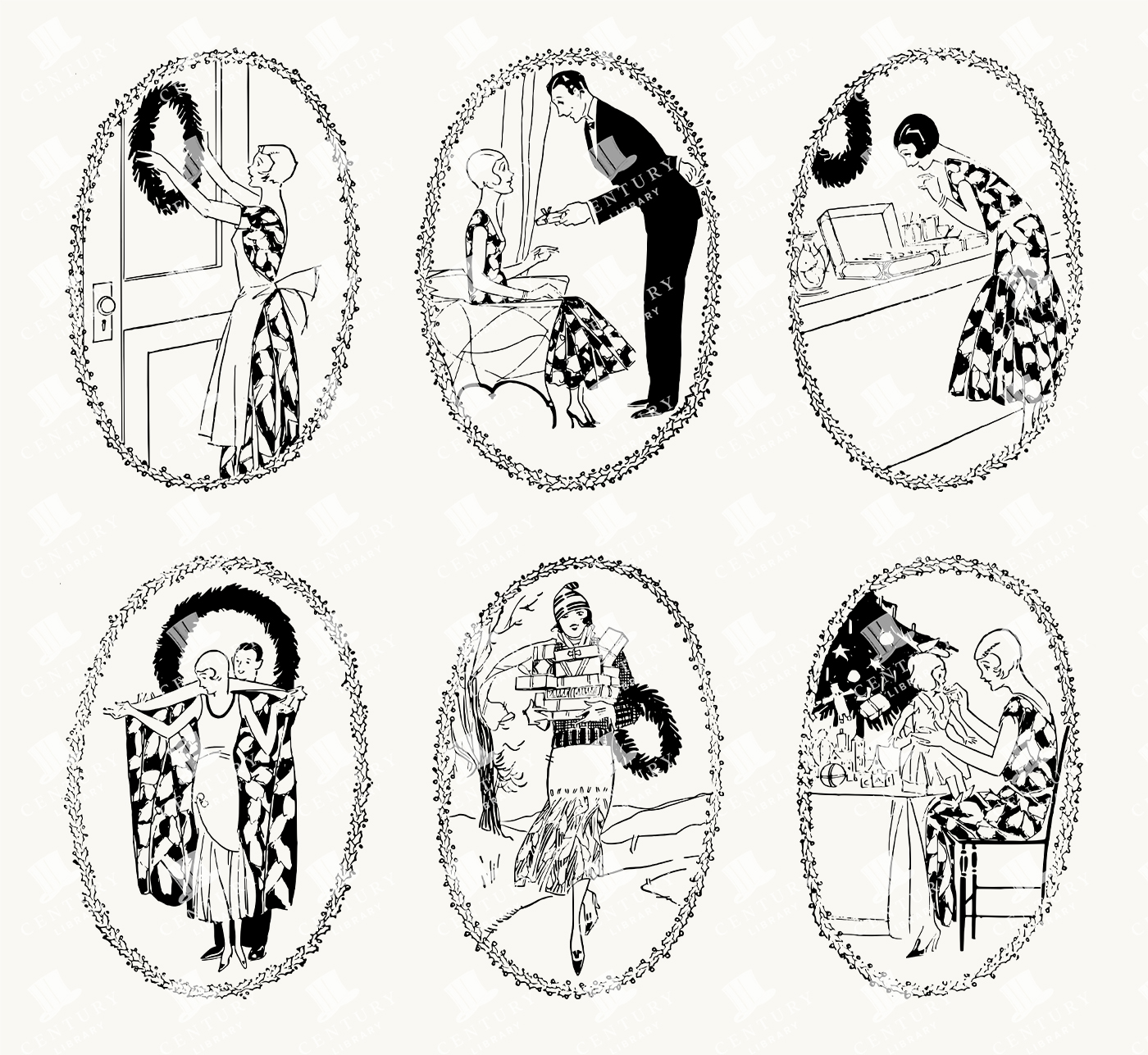 Vintage Holiday Illustrations Featuring Flapper-Era Women in Festive Settings