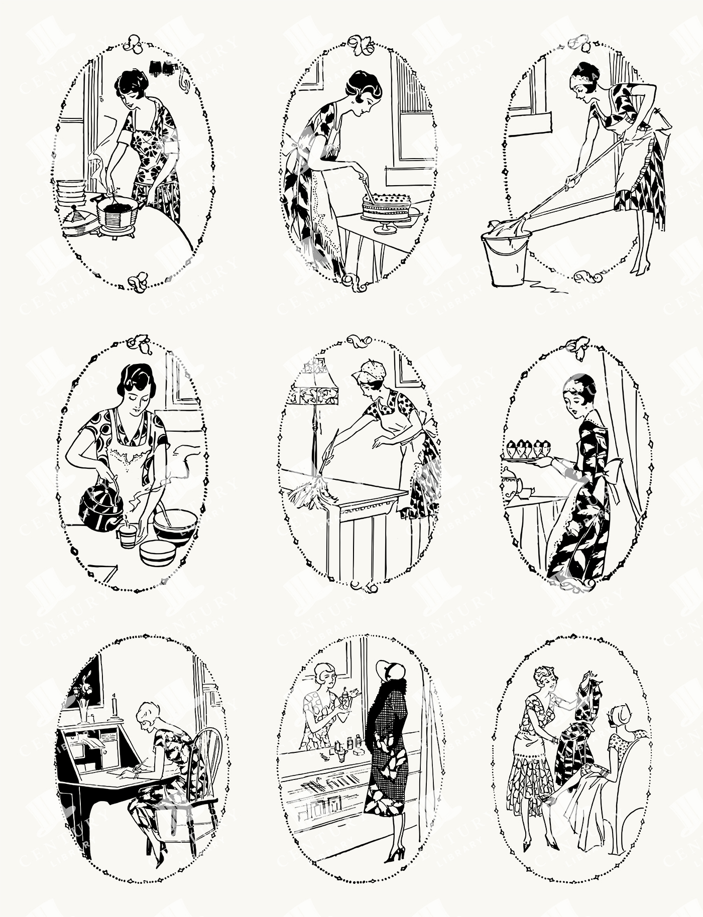 Vintage Housekeeping Illustrations of 1920s Women Cleaning