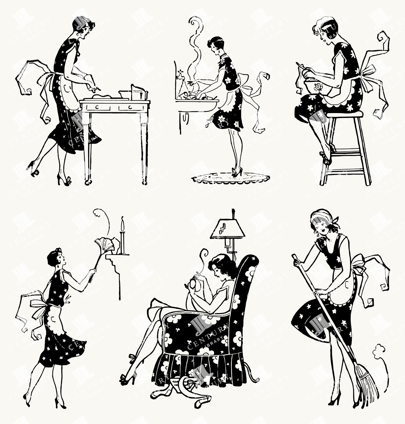 Black and White Vintage Homemaking Illustrations with Apron-Clad Women