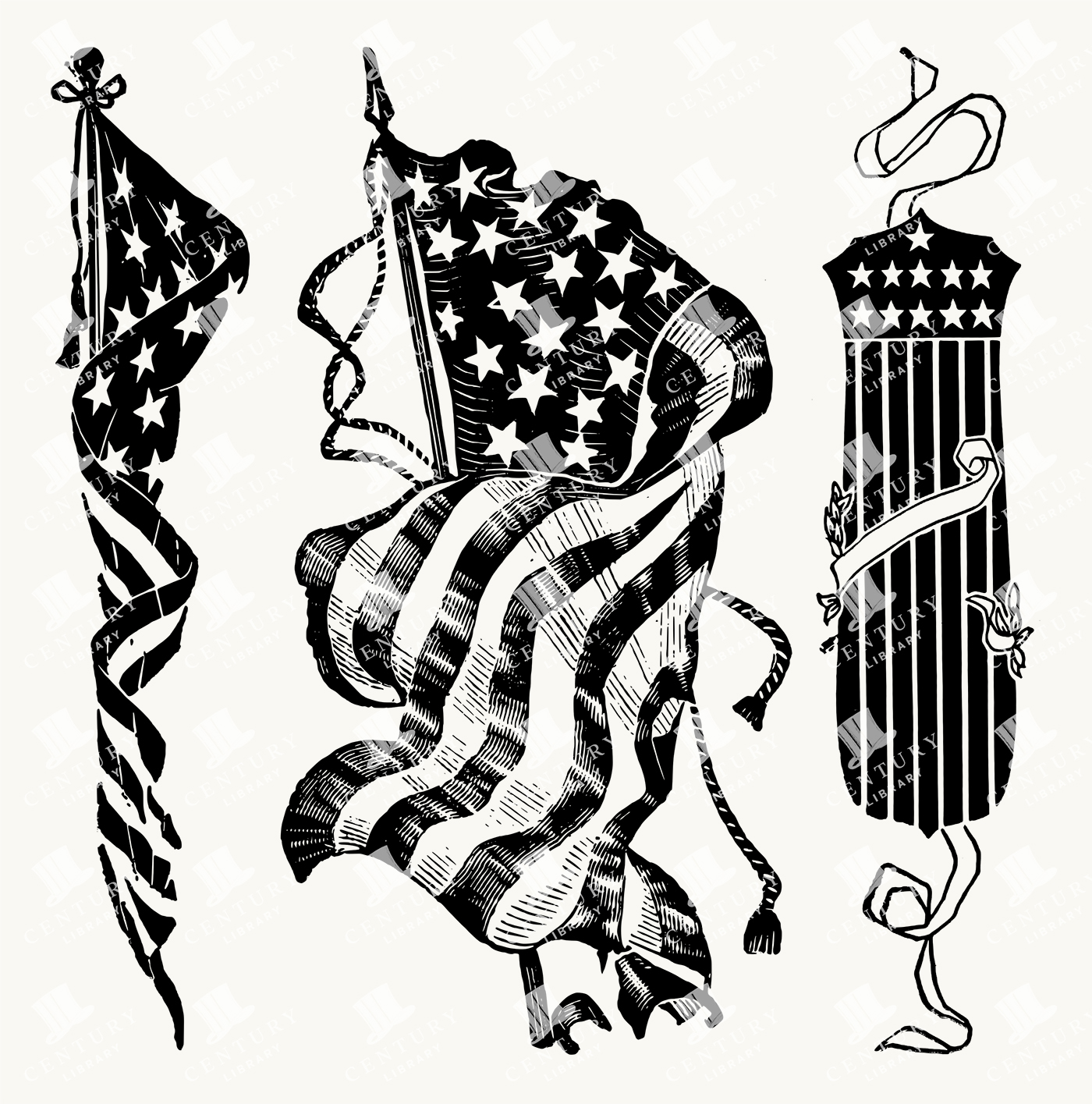 Stylized Patriotic American Flag Illustrations in Vintage Woodcut Style