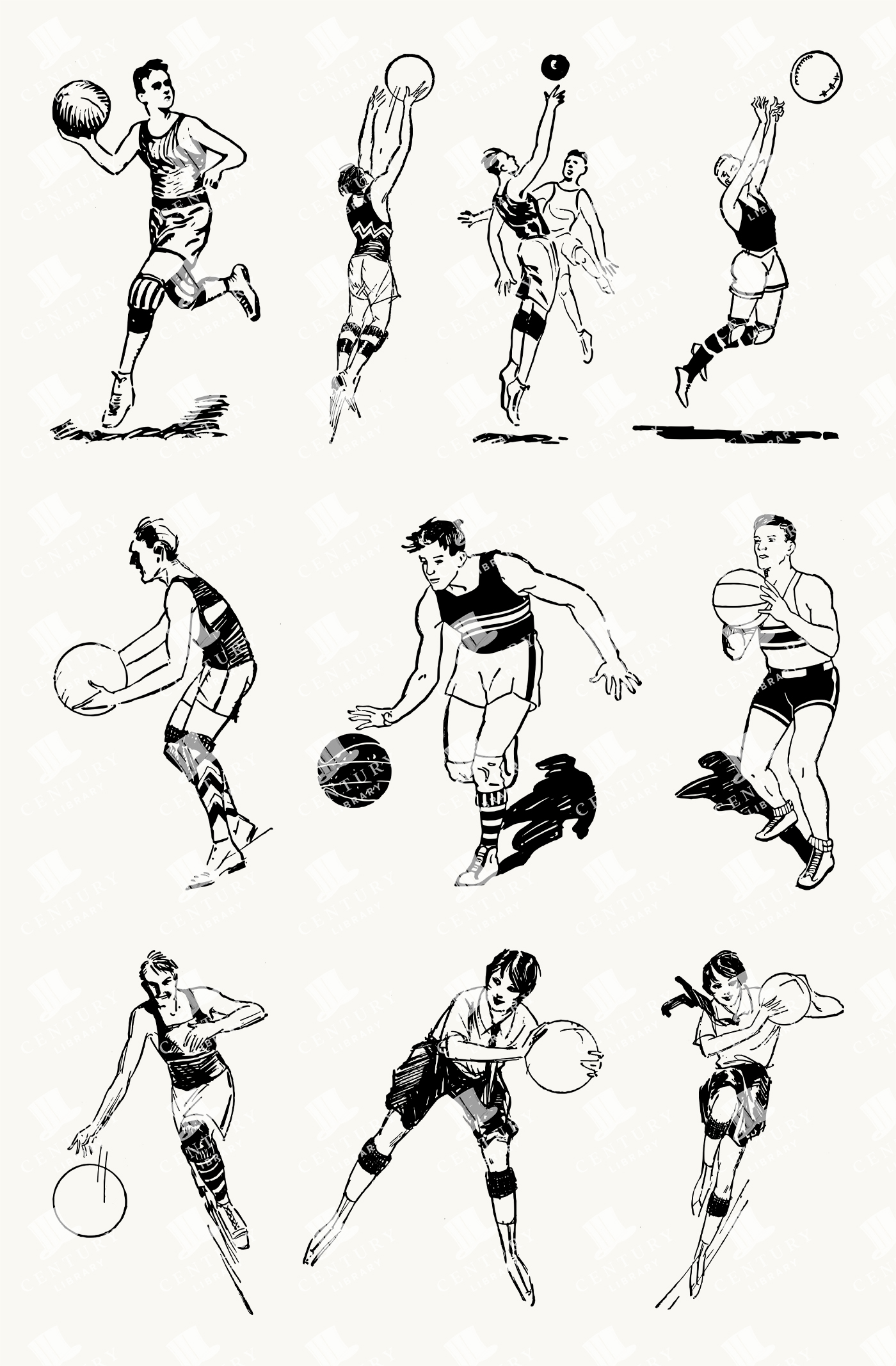 Vintage Basketball Illustrations Featuring Players in Action Poses