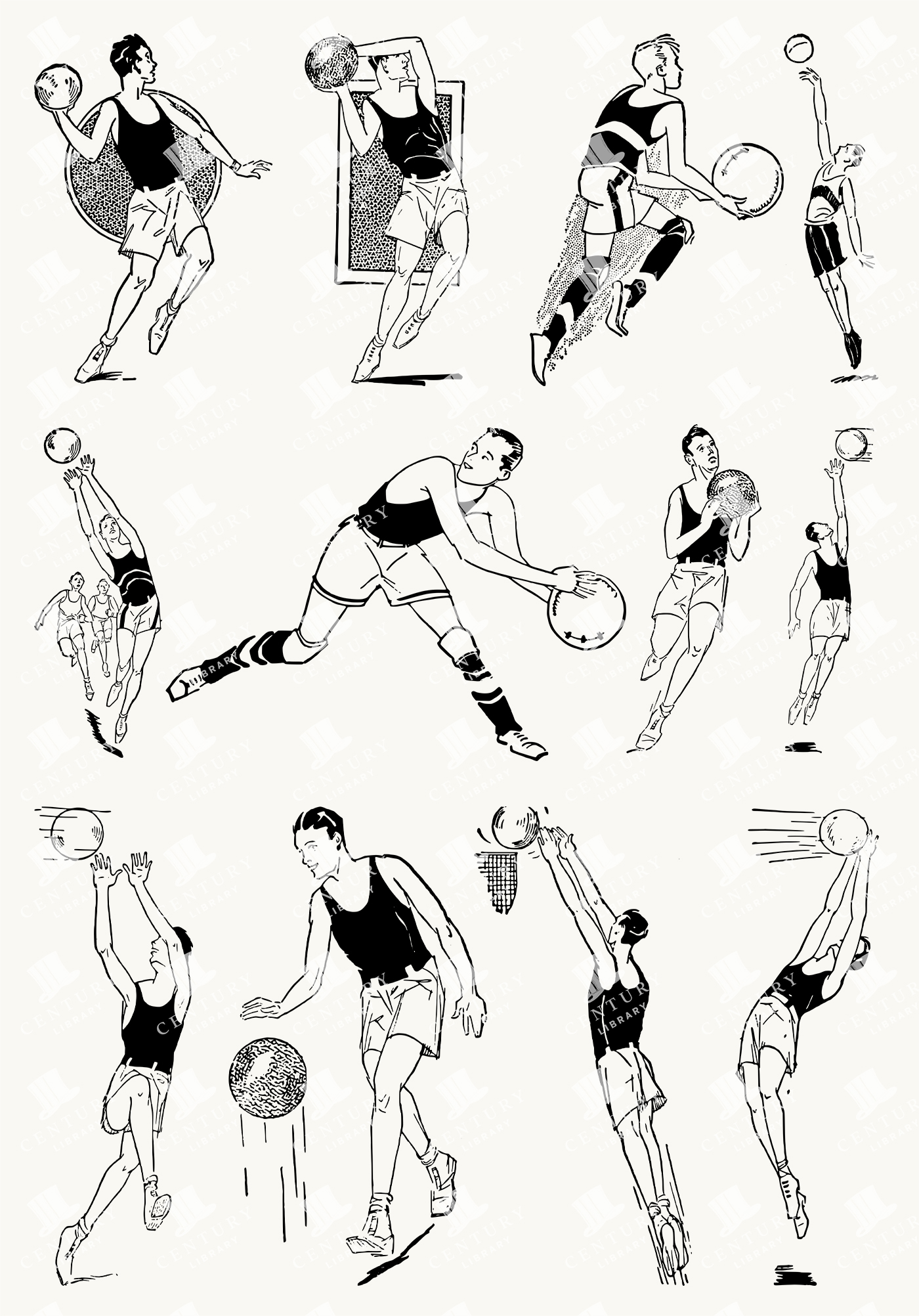 Classic Vintage Basketball Action Illustrations with Dynamic Court Poses