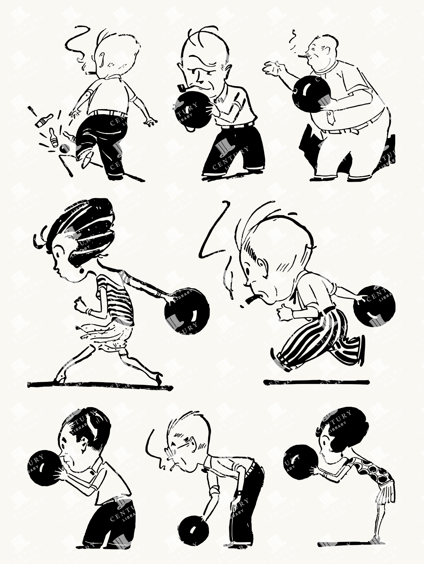 Humorous Vintage Bowling Cartoon Illustrations with Quirky Characters