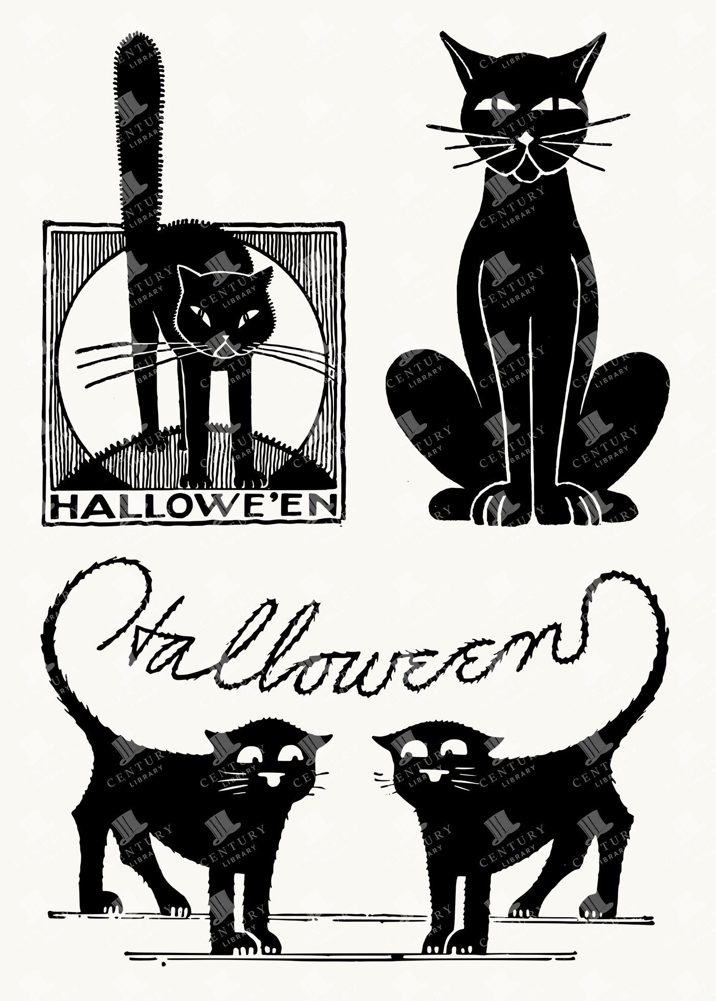 Vintage Halloween Black Cat Illustrations in Bold Silhouette Style