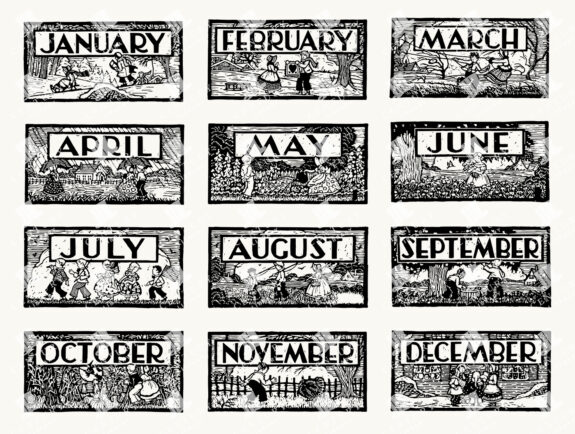 Antique Monthly Calendar Illustrations with Children and Seasonal Activities - Woodcut Style (Set of 12)