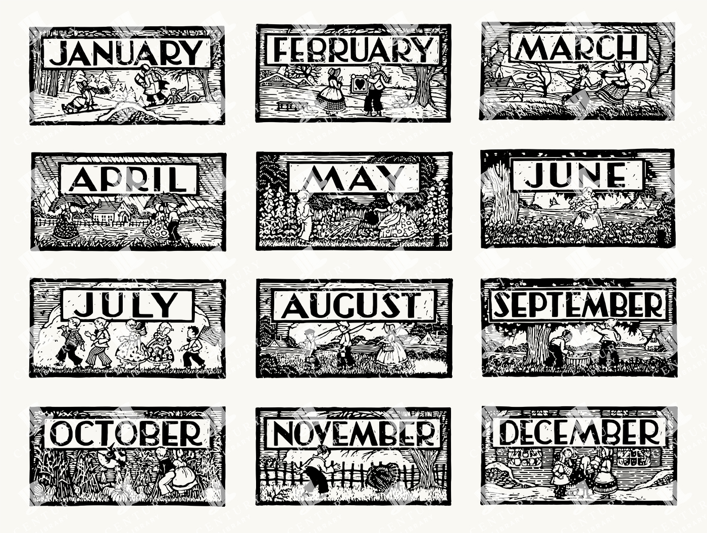 Antique Monthly Calendar Illustrations with Children and Seasonal Activities - Woodcut Style (Set of 12)