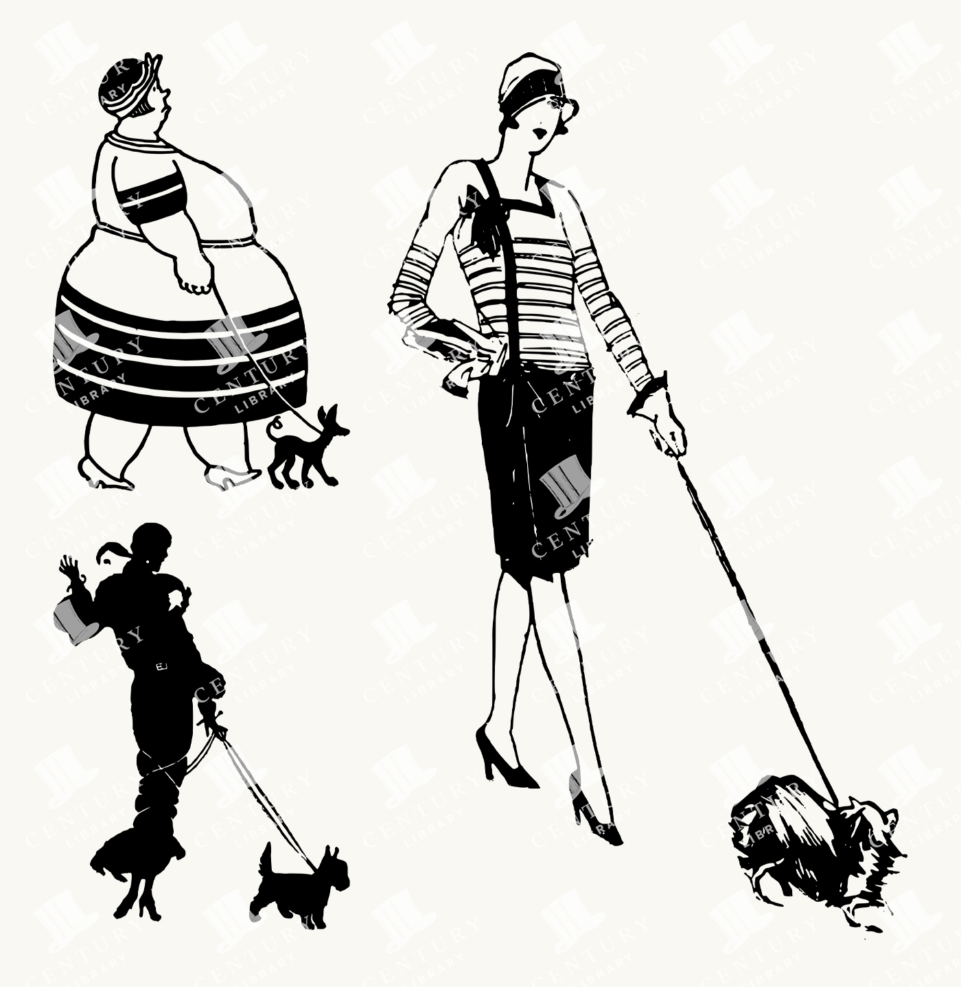 Retro Fashionable Women Walking Dogs - Vintage Stylised Pet Owner Silhouettes