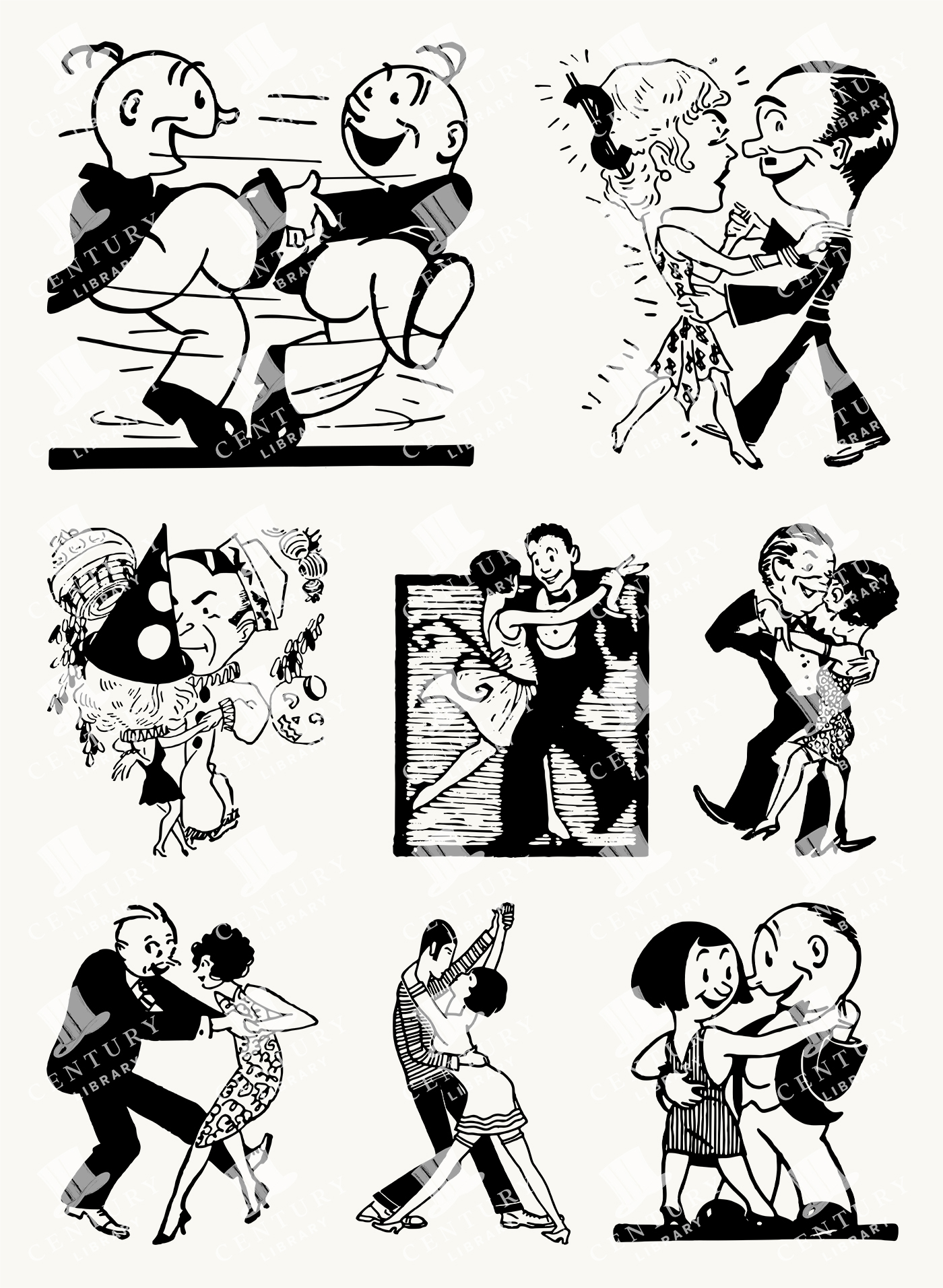 Humorous Couples Dancing - Vintage Comic Style Ballroom Dance Illustrations