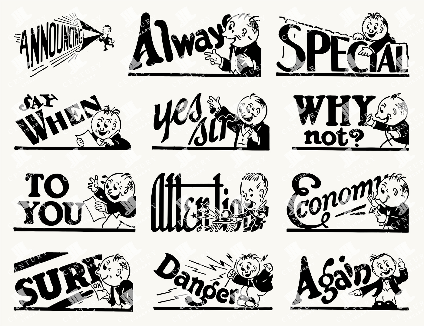 Retro Commercial Words and Catchphrases with Character Illustrations