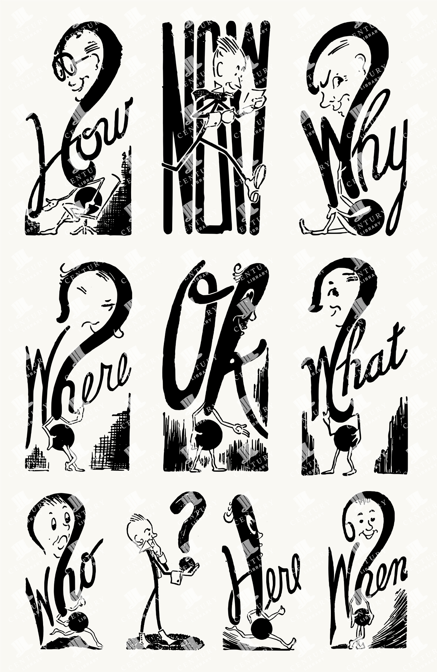 Stylised Question Words with Character Illustrations - Vintage Comic Typography