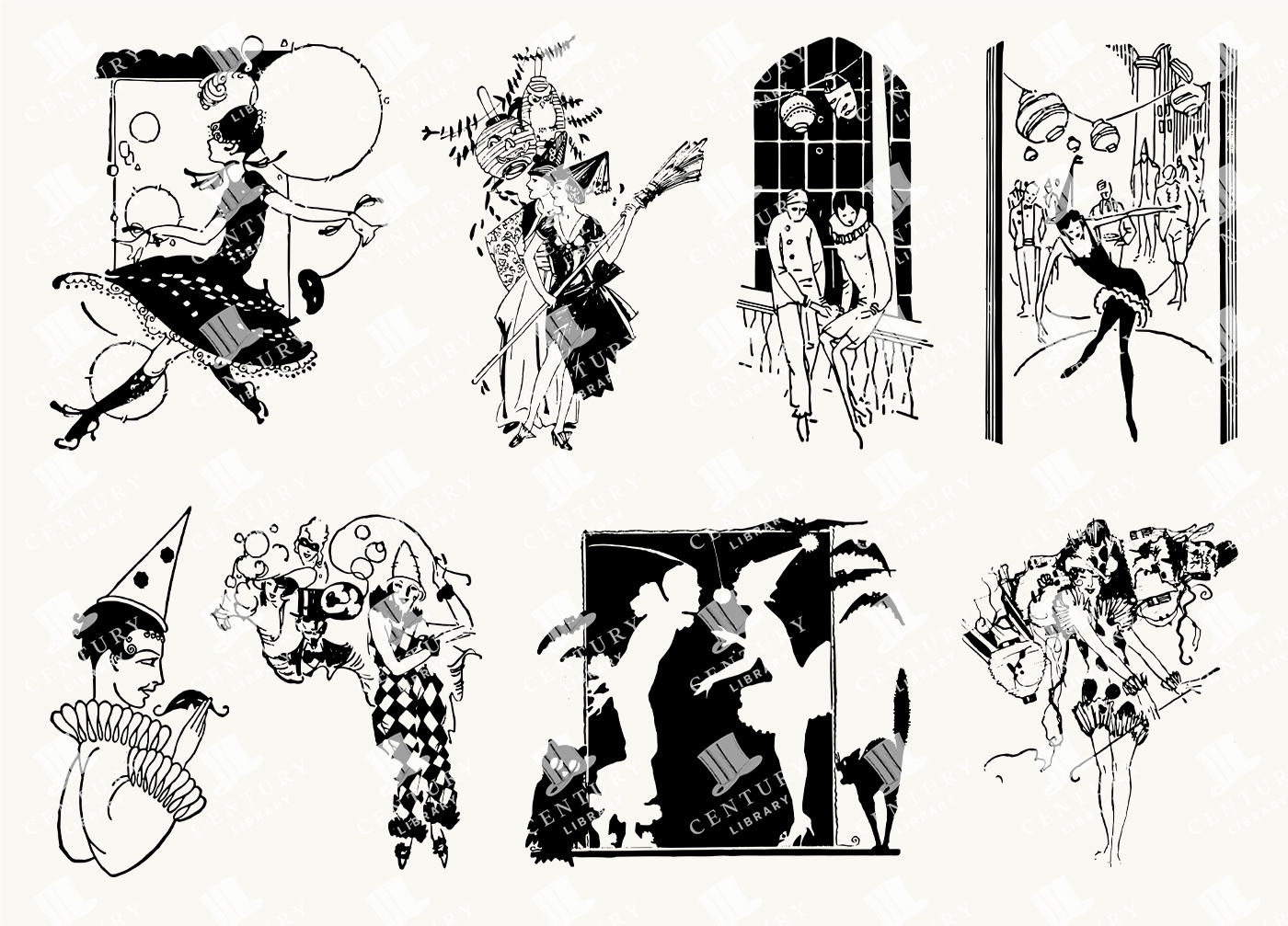 Art Deco Masquerade and Party Scene Illustrations - Flapper Era Festivities