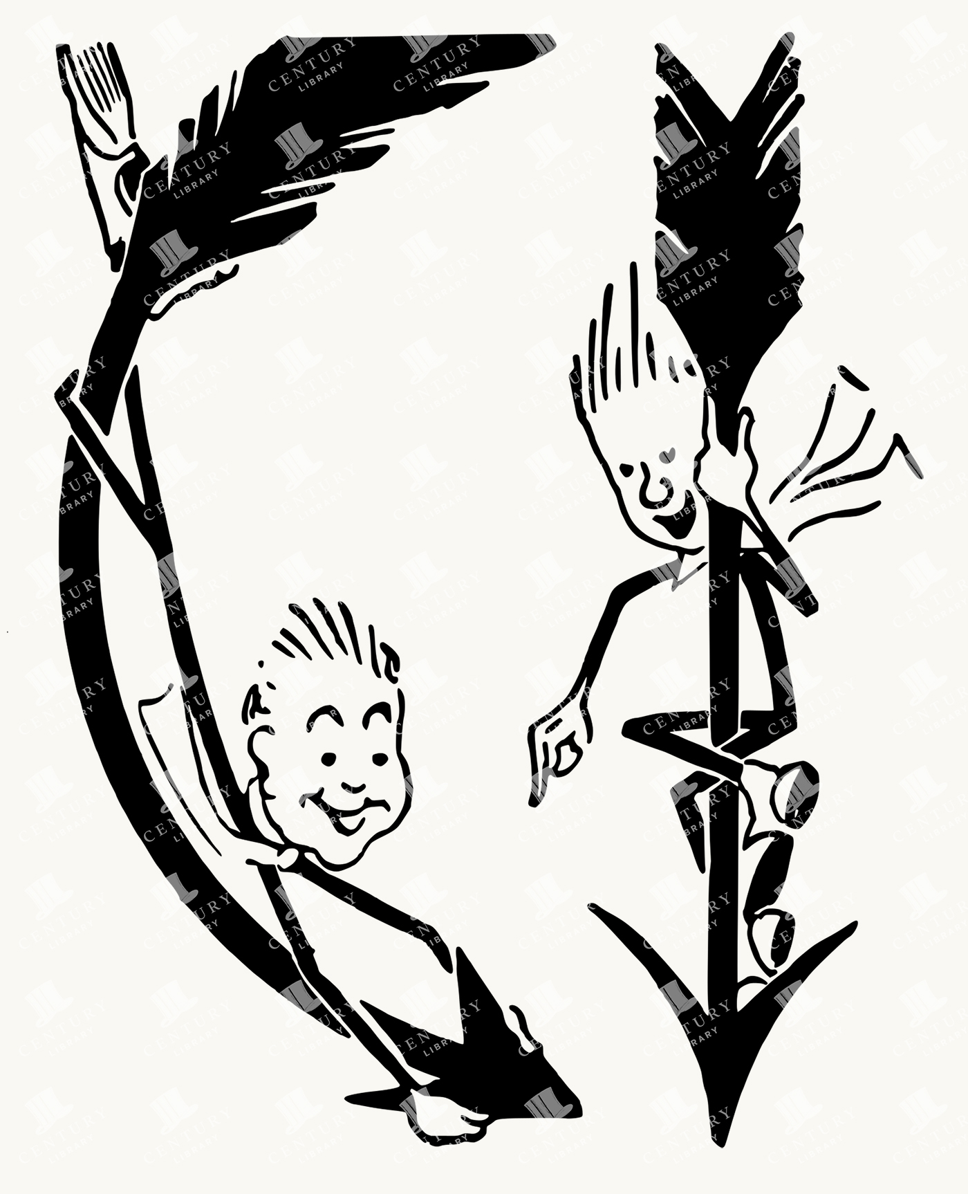 Retro Cartoon Figures Pointing Downward - Vintage Directional Arrow Characters
