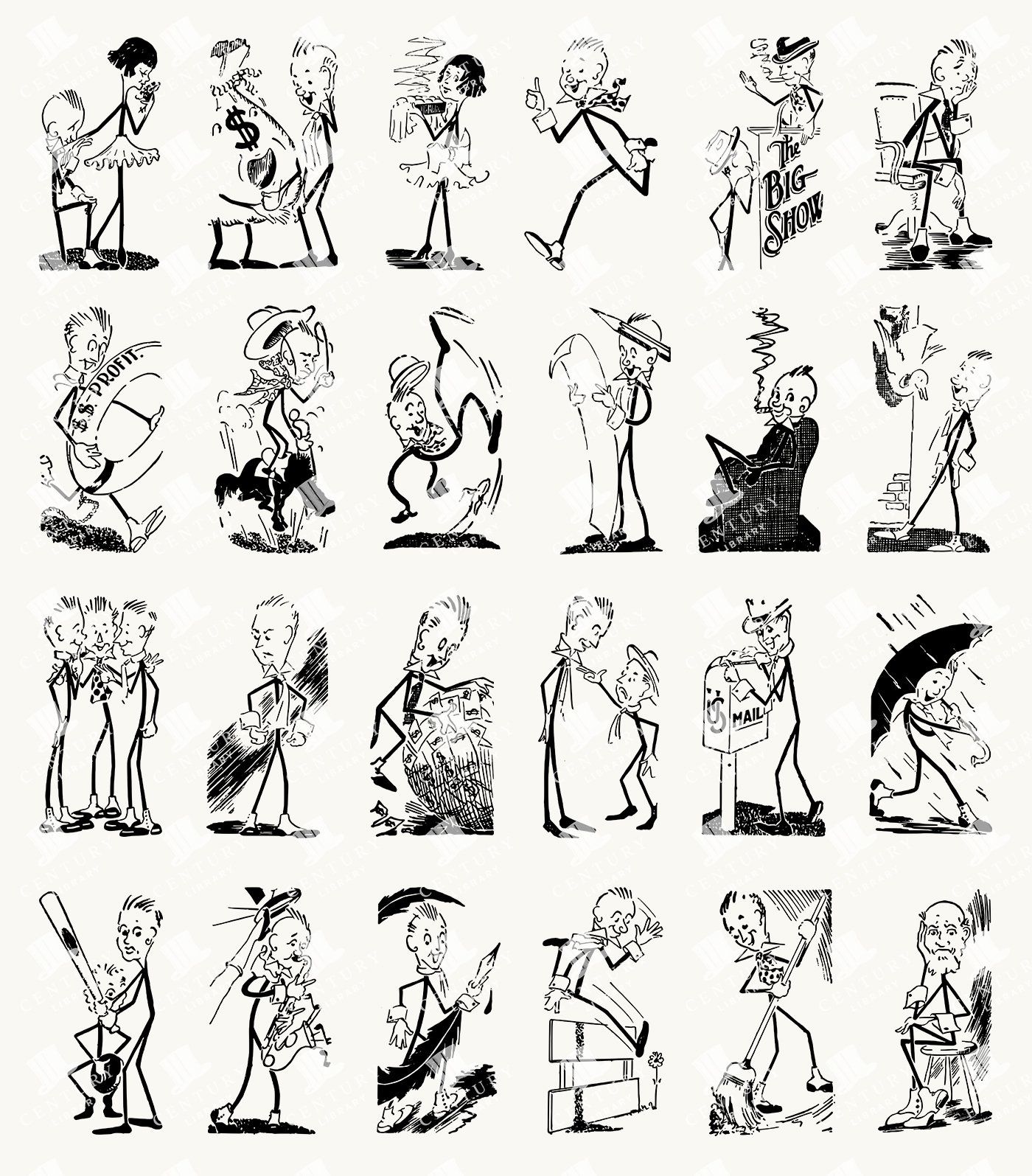 Animated Cartoon Character Scenes - 24 Expressive Vintage Comic Vignettes