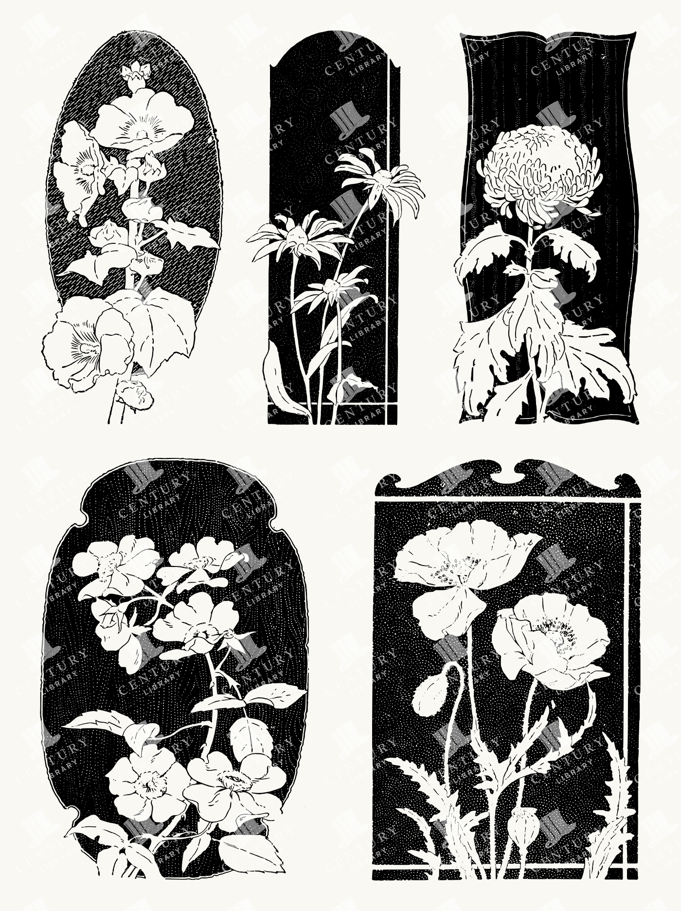 Art Nouveau Floral Panels - Decorative Botanical Illustrations with Black Backgrounds