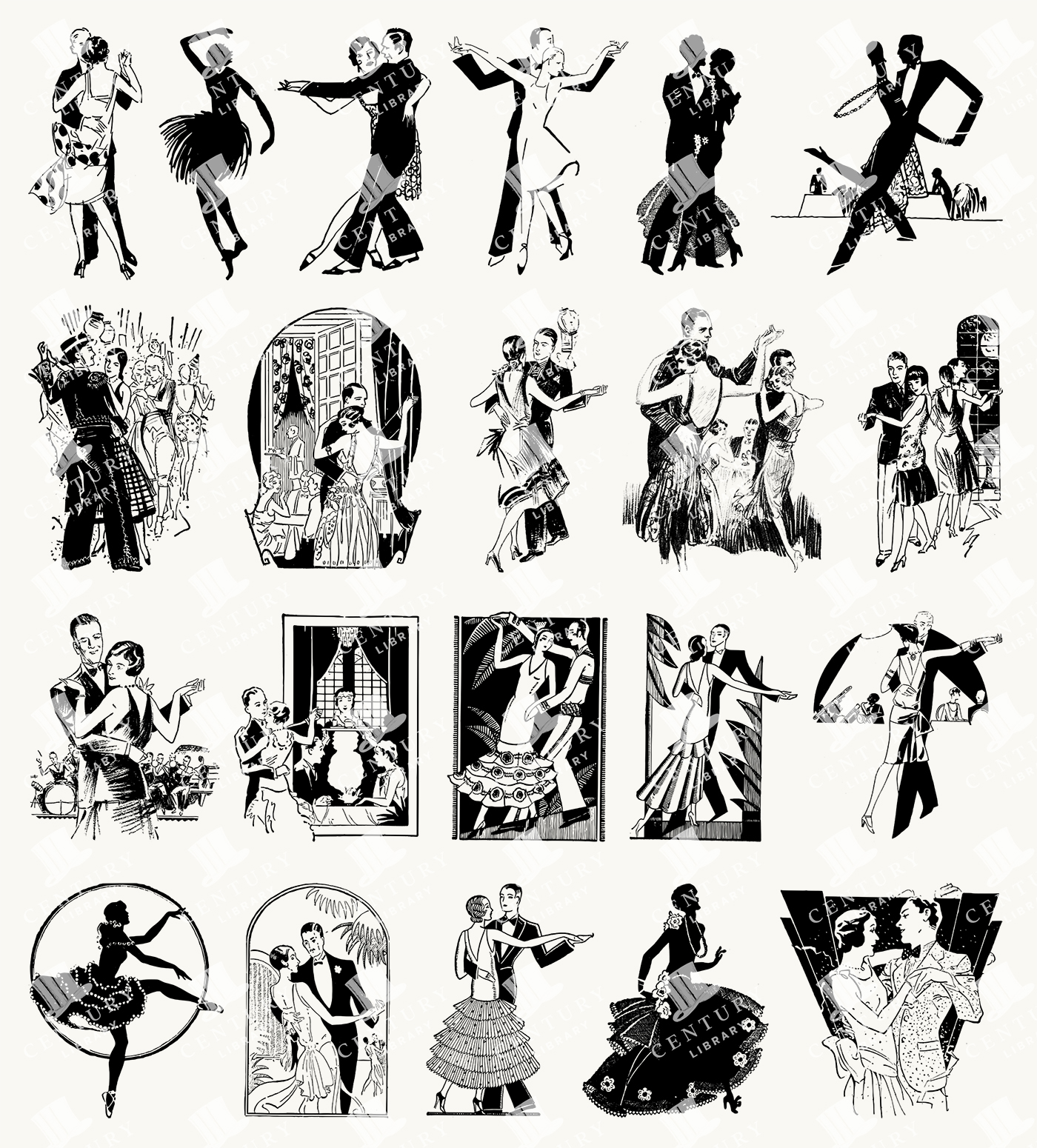 Vintage Ballroom Dance Couples - Retro Flapper Era Party Illustrations
