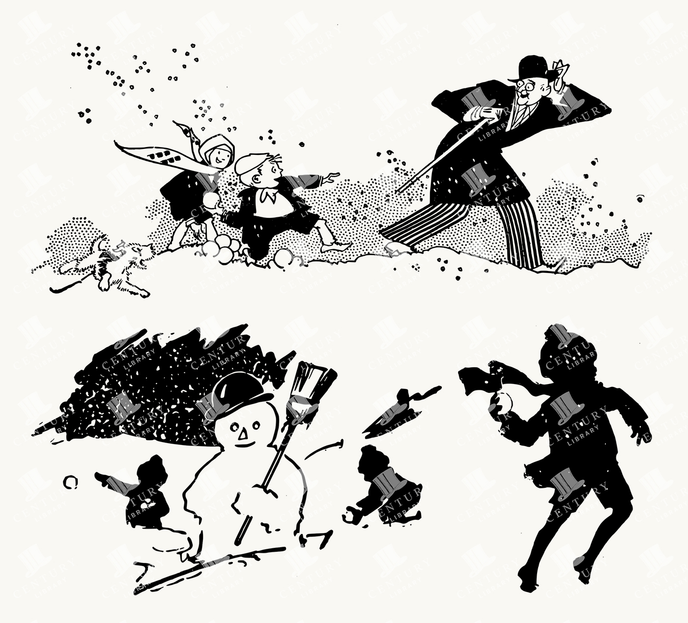 Wintertime Snowball Fight and Snowman Scenes - Vintage Children’s Holiday Illustration