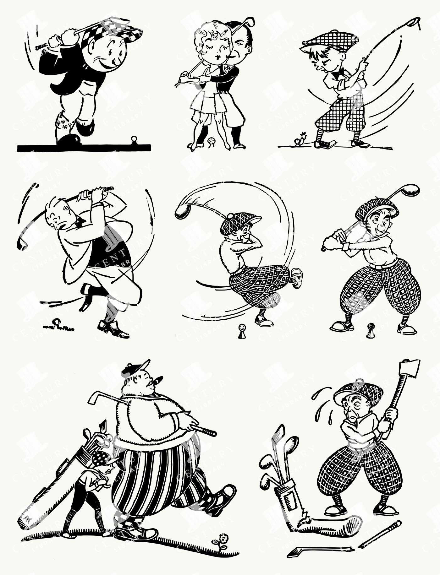 Comic Golfers in Action - Vintage Humorous Golf Character Illustrations