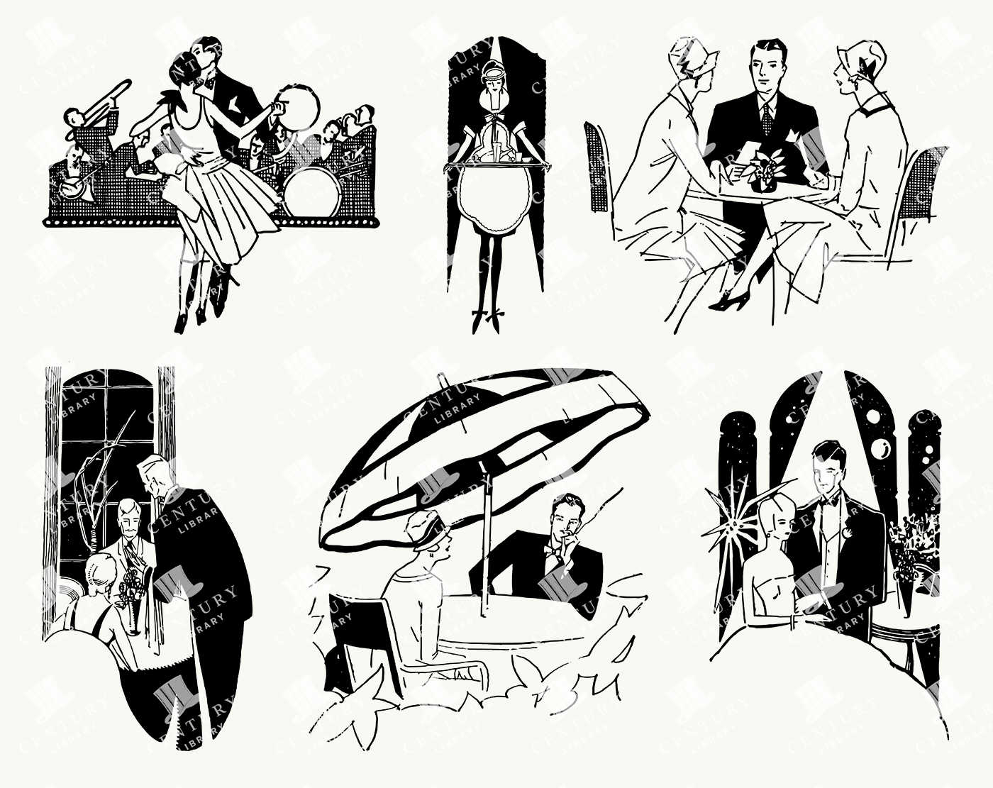 Art Deco Dining and Social Scenes - Elegant Restaurant and Evening Gathering Illustrations